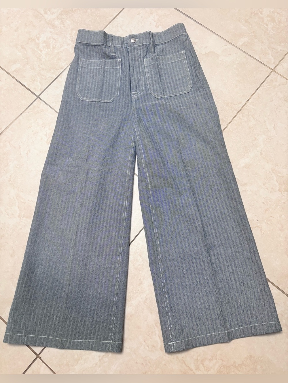 Point Sur Wide Leg Crop Striped Cotton Pants - Blue